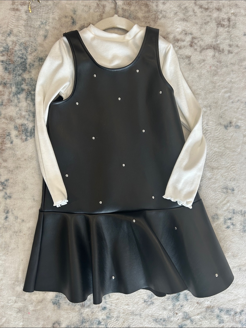 Primark Girls Black Faux Leather Dress with White Mock Neck Top and Pearls